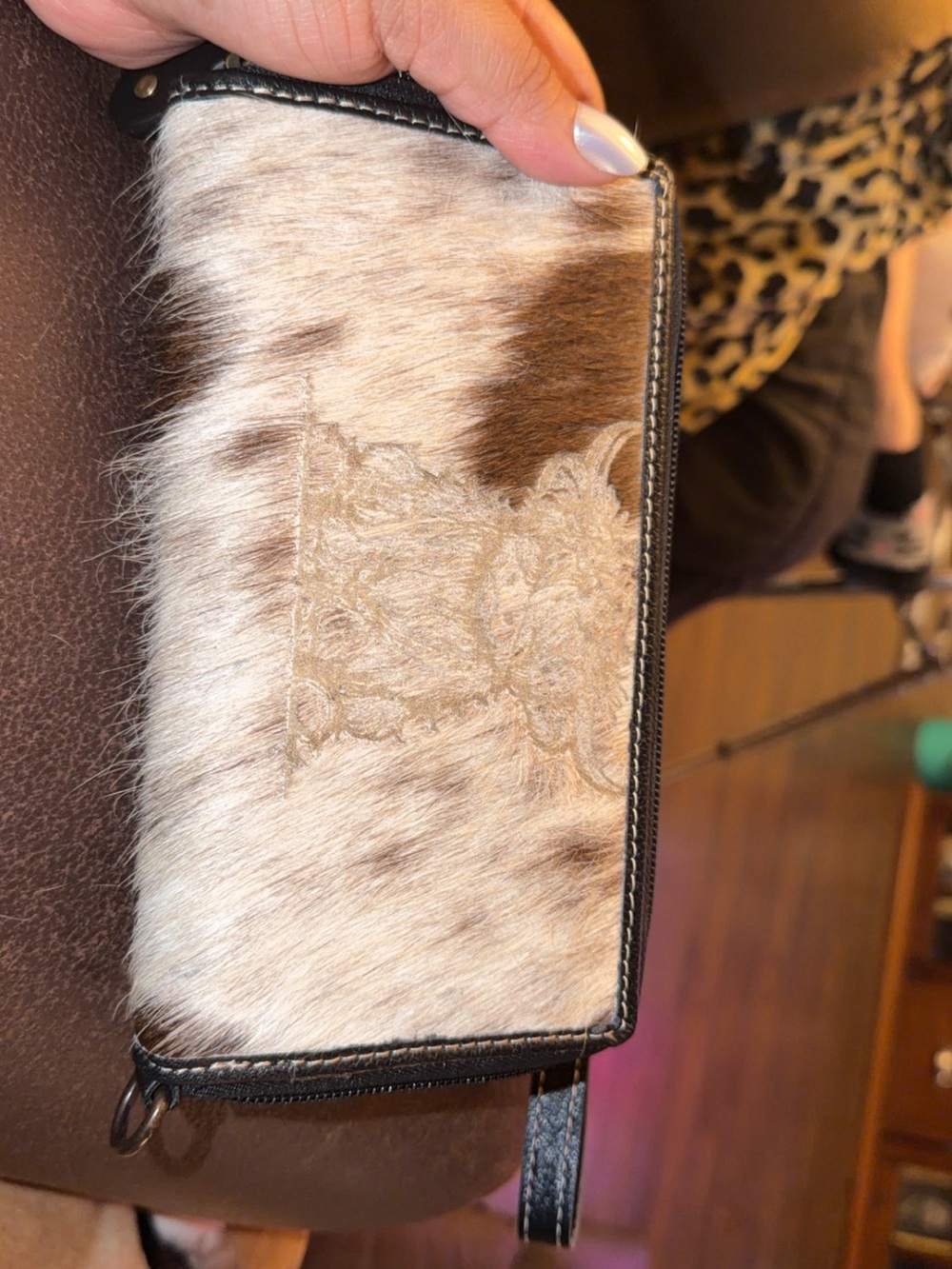 Genuine leather cowhide Zip Wristlet Wallet - Brown and Cream